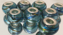 Handmade Lampwork Glass Large Hole Beads Blue With Shimmer and Green & Blue Stripe Design