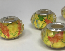 Facetted Acrylic Large Hole Beads in Yellow With. Orange Floral Design and 925 Silver Cores