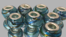 Handmade Lampwork Glass Large Hole Beads Blue With Shimmer and Green & Blue Stripe Design
