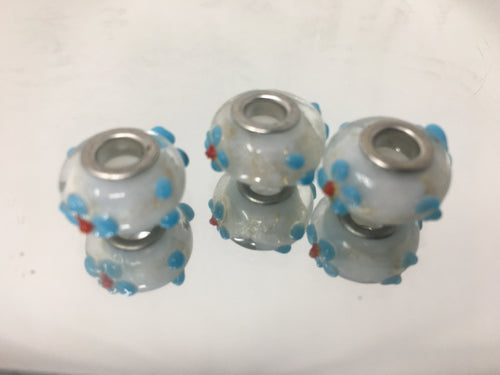 EB61 3D Lampwork Large Hole Beads White With Blue Flowers, 4mm Hole, 3pcs