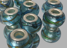 Handmade Lampwork Glass Large Hole Beads Blue With Shimmer and Green & Blue Stripe Design