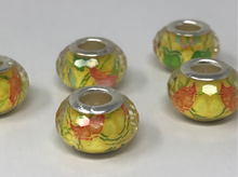 Facetted Acrylic Large Hole Beads in Yellow With. Orange Floral Design and 925 Silver Cores