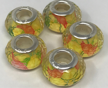 Facetted Acrylic Large Hole Beads in Yellow With. Orange Floral Design and 925 Silver Cores