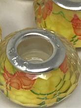 Facetted Acrylic Large Hole Beads in Yellow With. Orange Floral Design and 925 Silver Cores