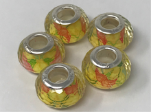 Facetted Acrylic Large Hole Beads in Yellow With. Orange Floral Design and 925 Silver Cores