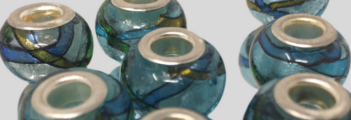 Handmade Lampwork Glass Large Hole Beads Blue With Shimmer and Green & Blue Stripe Design