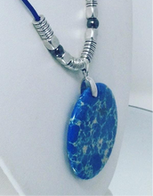 Blue Jasper Agate Pendant on Genuine Royal Blue Leather with Silver Spacer Bead Accents