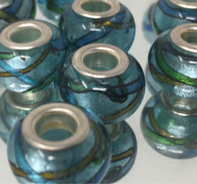 Handmade Lampwork Glass Large Hole Beads Blue With Shimmer and Green & Blue Stripe Design