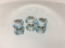 EB61 3D Lampwork Large Hole Beads White With Blue Flowers, 4mm Hole, 3pcs