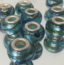 Handmade Lampwork Glass Large Hole Beads Blue With Shimmer and Green & Blue Stripe Design