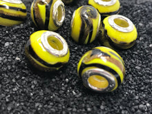 Euro Large Hole Murano Glass Bead Yellow and Black 925 Core