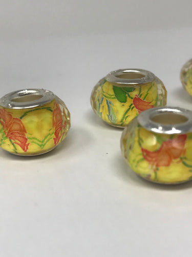 Facetted Acrylic Large Hole Beads in Yellow With. Orange Floral Design and 925 Silver Cores