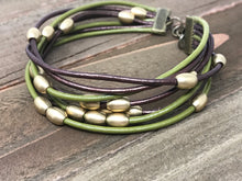 Green & Brown Leather Wrap with Brass