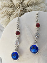 G. FLEMING - Swarovski Rivolis in Red, White and Blue, 3 tier dangle earrings