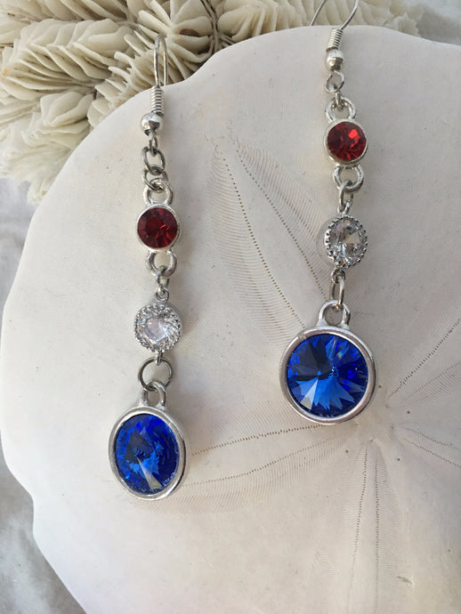 G. FLEMING - Swarovski Rivolis in Red, White and Blue, 3 tier dangle earrings