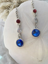 G. FLEMING - Swarovski Rivolis in Red, White and Blue, 3 tier dangle earrings