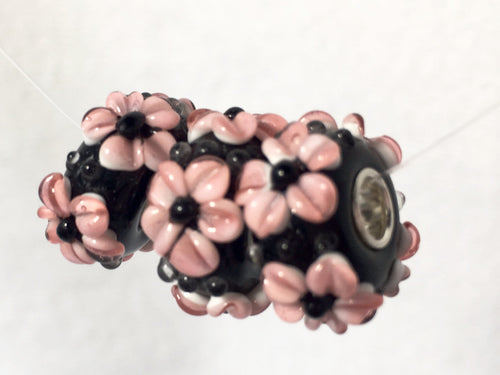 ALAMEA - European Lampwork Glass HAWAIIAN PINK FLOWERS Large Hole Bead